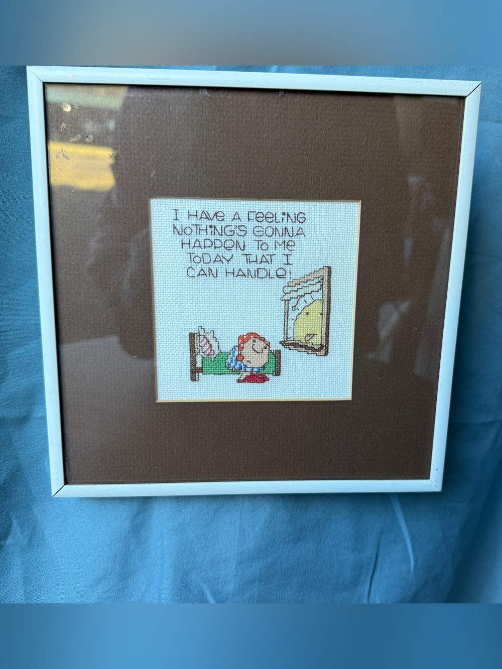 Vintage Peanuts Sally Brown Nothing I Can Handle Cross Stitch Framed Art 8"